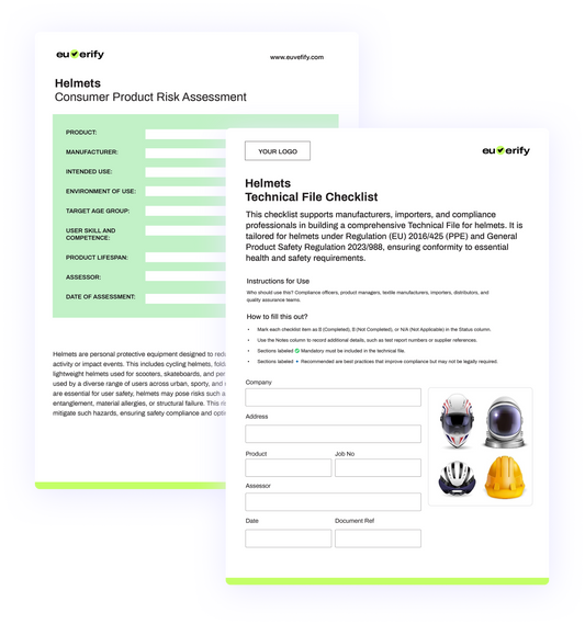 Helmet product risk assessment document with technical file