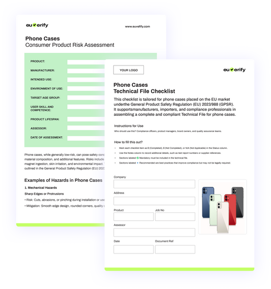 Phone cases technical file checklist with risk assessment