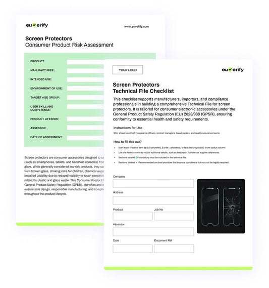 Screen protectors technical file checklist and consumer product risk assessment form.